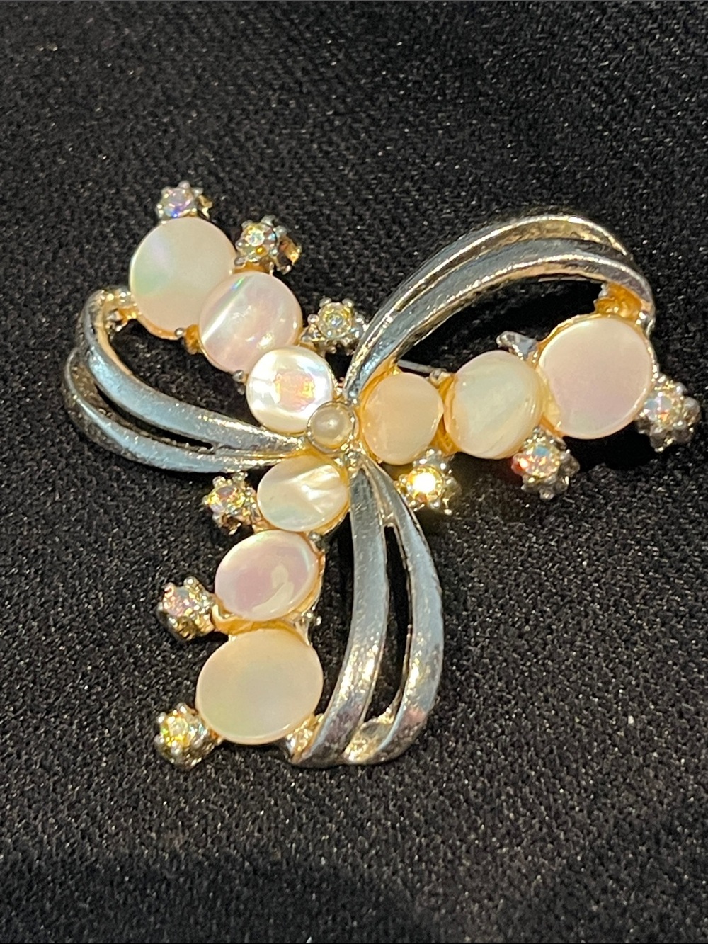 Vintage Opal-Look Floral Bow Brooch Pin Rhinestone Sparkle